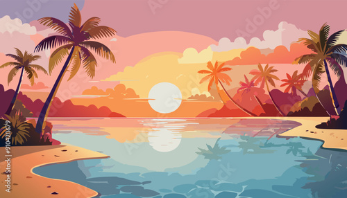 Tropical Beach Sunset Illustration with Swaying Palm Trees, Calm Ocean Waters, and a Vibrant Colorful Sky