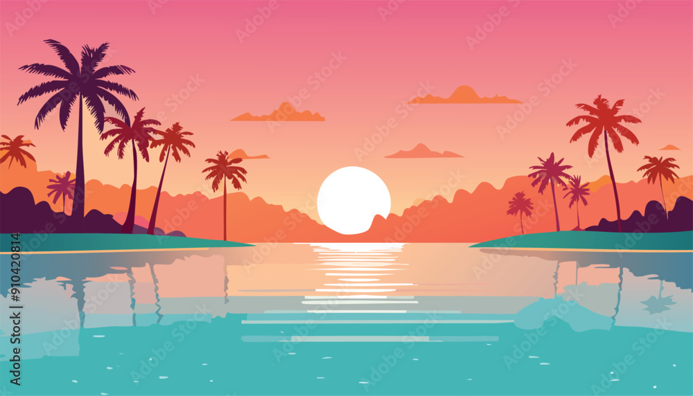 Fototapeta premium Tropical Beach Sunset Illustration with Swaying Palm Trees, Calm Ocean Waters, and a Vibrant Colorful Sky