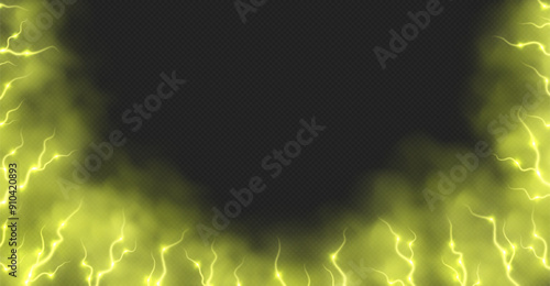 Yellow smoke with lightnings abstract background, thunderbolts and vapor, lightning in yellow fog. Neon haze with energy charges. Vector illustration.