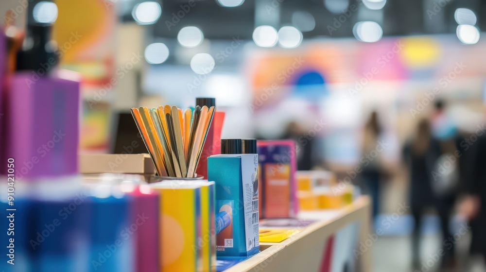 Close up of promotional materials and giveaways at a tradeshow booth Close up of promotional materials and giveaways at a tradeshow booth