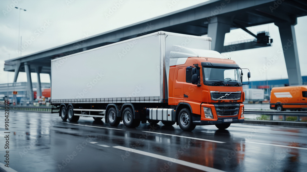 Orange Semi Truck Driving Down Wet Road Orange Semi Truck Driving Down Wet Road
