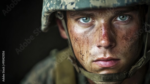 Portrait of american male soldier looking at camera.