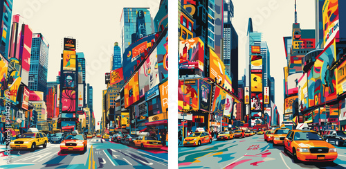 Times square street scene cartoon vector concepts. New york city urban skyscrapers taxis billboards bustling architecture buildings lights advertisements traffic downtown illustrations