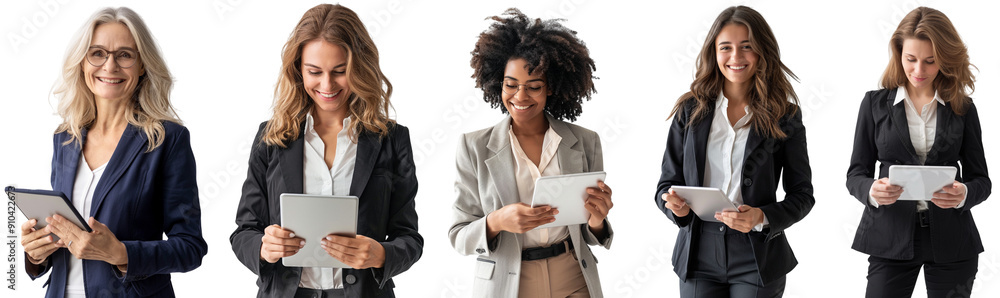 Pack of Smiling businesswoman with tablet set isolated on transparent Pack of Smiling businesswoman with tablet set isolated on transparent