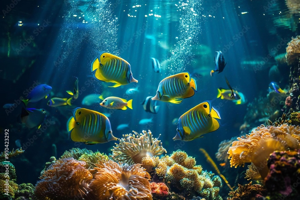 Naklejka premium Underwater Wonderland: Vibrant tropical fish in coral reef with blue water backdrop. Explore the beauty of ocean life.