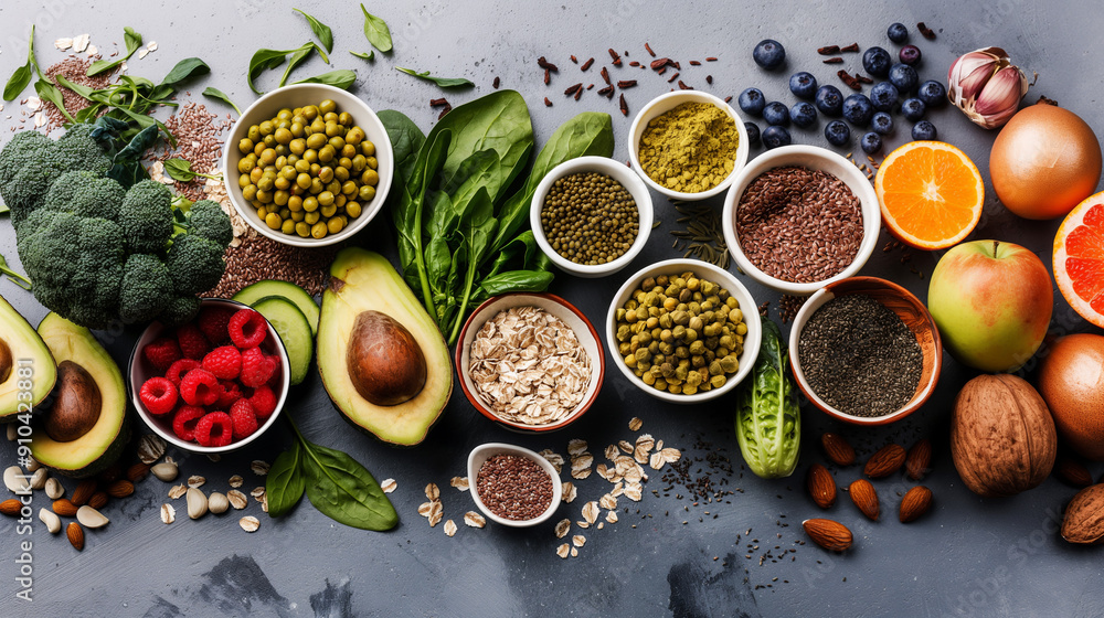 A variety of fruits and vegetables are displayed on a table A variety of fruits and vegetables are displayed on a table