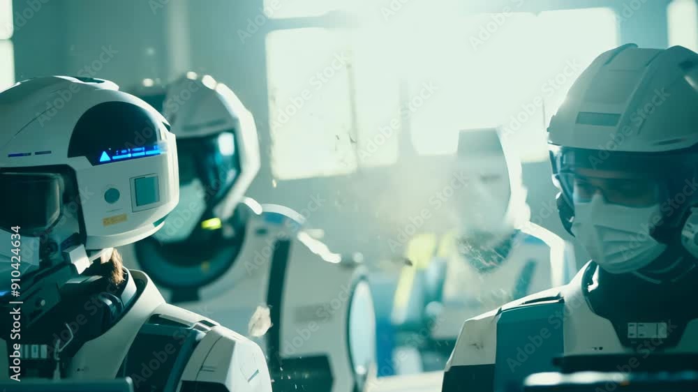 People in protective suits and helmets with masks in a scientific laboratory.
Concept: scientific research, biosafety People in protective suits and helmets with masks in a scientific laboratory.
Concept: scientific research, biosafety