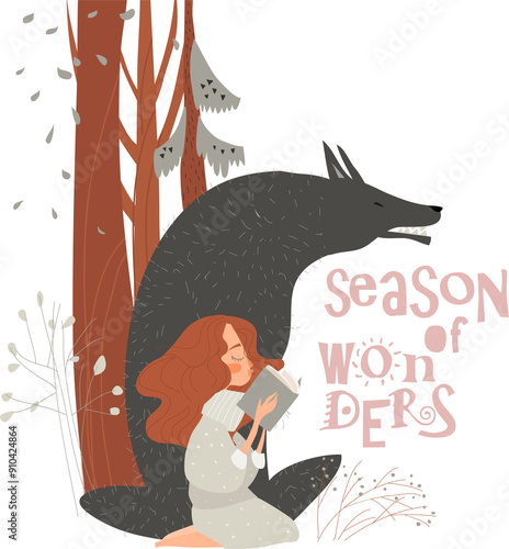 Beautiful girl reading book with big black wolf in autumn forest. Vector illustration photo