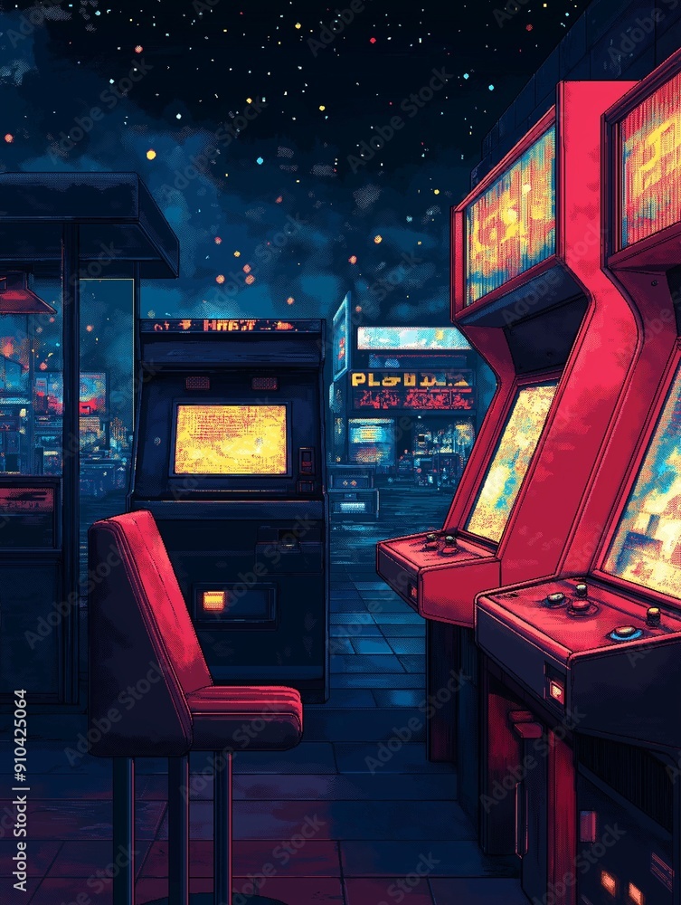 Classic 1980s arcade game scene with retro machines and pixel art ...