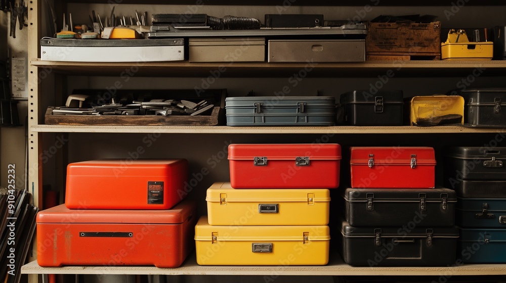 Neatly arranged toolkits and boxes in a workshop, emphasizing practical organization and easy access. Neatly arranged toolkits and boxes in a workshop, emphasizing practical organization and easy access.