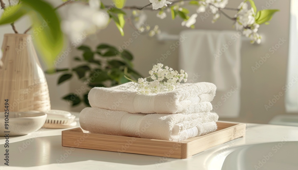 Elevate your bathroom decor with a wooden tray featuring stacked bath towels and fresh flowers Elevate your bathroom decor with a wooden tray featuring stacked bath towels and fresh flowers