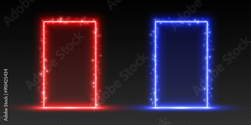 Neon doors with sparkles, red and blue glowing portals, futuristic gates, magic LED frames. VS versus battle screen entrance concept. Vector illustration.
