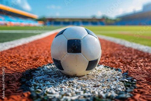 Ball Ready for Game in Midfield of Soccer Stadium Green Field photo