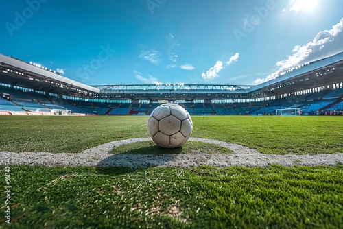 Ball placed on the lush green field of the soccer stadium, set and waiting in the midfield for the game to begin photo