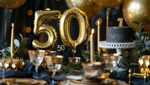 Elevate your anniversary festivities with a stunning gold foil balloon number "50," shimmering