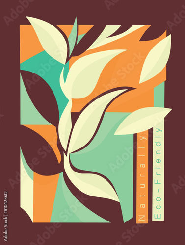 Graphic style illustration of leafy branches with text alluding to ecology.
