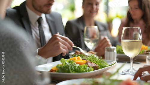 Coworkers having business lunch in restaurant, closeup