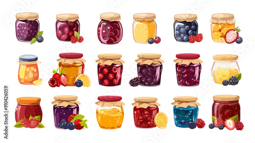 Varied jam preserves jars cartoon vector compilation. Crystal lemon banana plum apple berry fruits tasty flavorful sweet cuisine homemade food culinary delectable, illustrations isolated on white