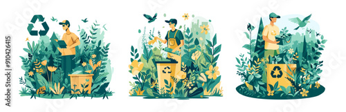 Waste recycling cartoon vector concepts. Eco nature environment plants green flowers compost worker trees biodiversity conservation organic shrubs isolated illustrations