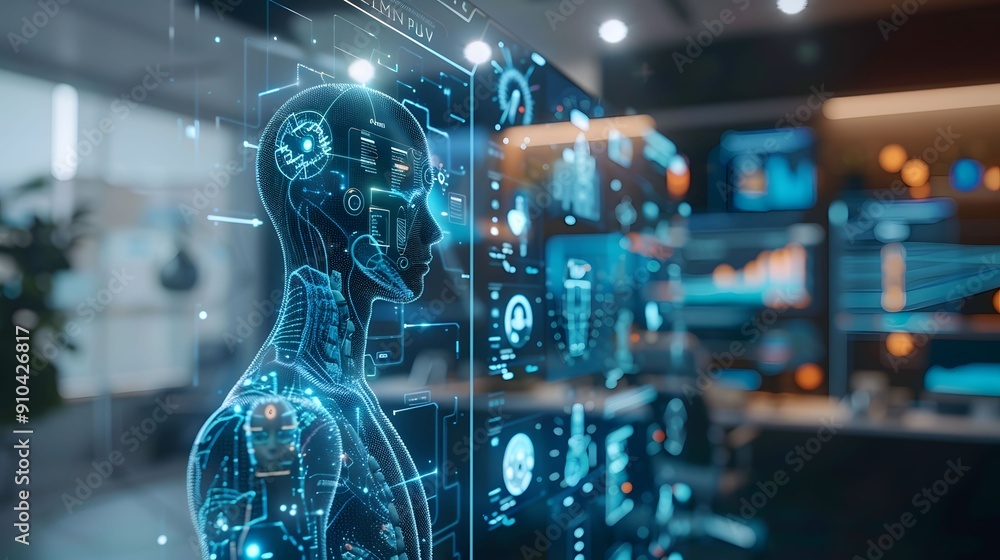 Holographic representation of a human figure with futuristic digital data interfaces in a high-tech environment. Holographic representation of a human figure with futuristic digital data interfaces in a high-tech environment.