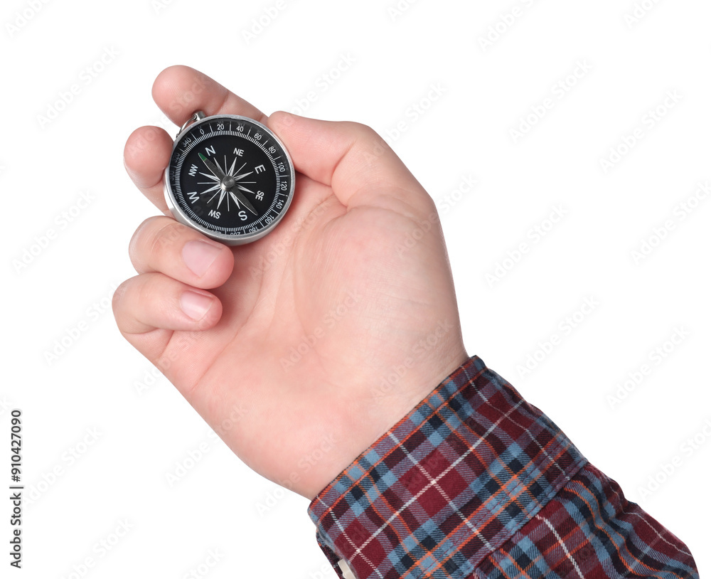 Man holding compass on white background, closeup Man holding compass on white background, closeup