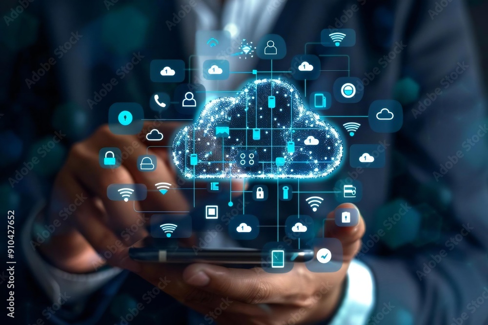 Utilizing Smartphone for Cloud Computing: Virtual Cloud Storage and Data Transfer Icon with Cloud Technology Networking and Internet Service Concept Utilizing Smartphone for Cloud Computing: Virtual Cloud Storage and Data Transfer Icon with Cloud Technology Networking and Internet Service Concept