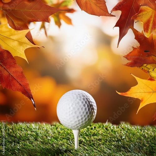 Fall golf background, golf ball on tee with autumn leaf backdrop