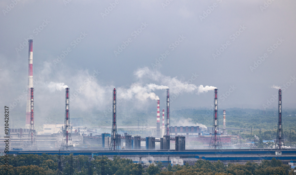 Air pollution smog from power factory plant chimneys smoking pipe sunset. Concept industry environmental problems. Air pollution smog from power factory plant chimneys smoking pipe sunset. Concept industry environmental problems.