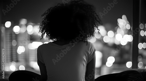 curly girl sitting on the bed and looking out the window