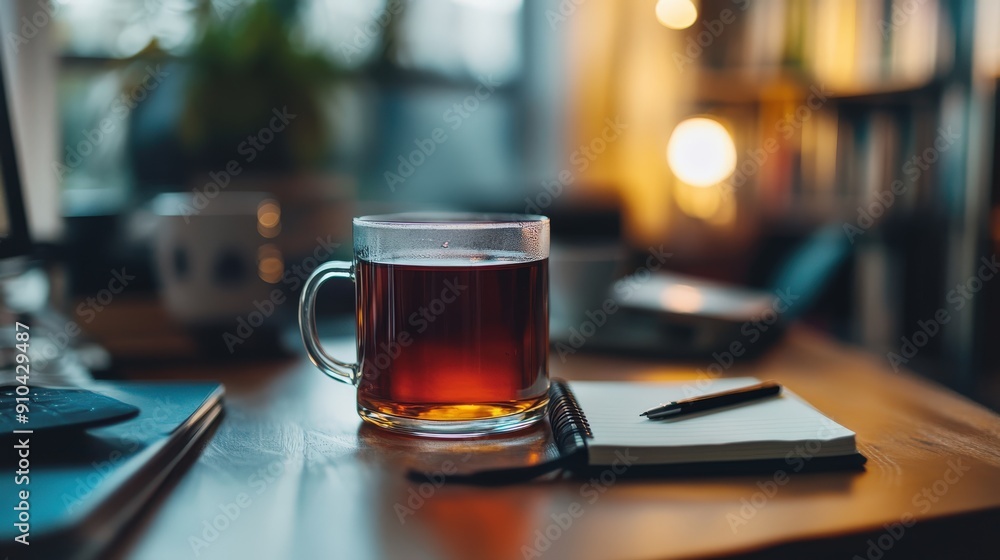 Freelancer working from a modern kitchen table with a cup of tea and a notebook Freelancer working from a modern kitchen table with a cup of tea and a notebook
