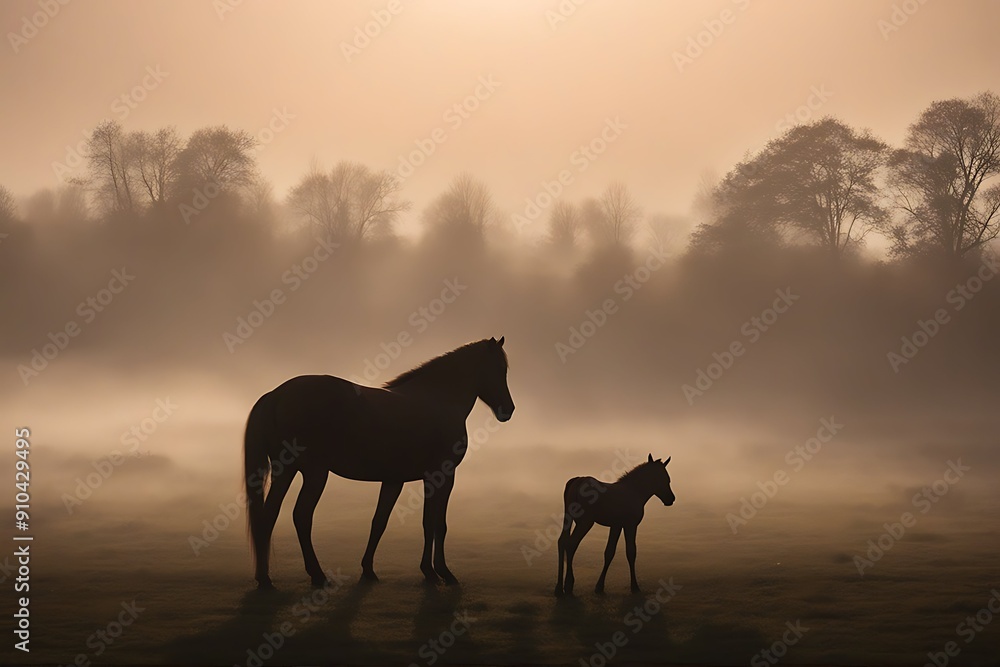 silhouettes horse fog foal silhouette shadow mist misty sunrise sunlight sunshine early morning pasture pastoral field meadow farmland rural countryside landscape gold nature view scenery scenic