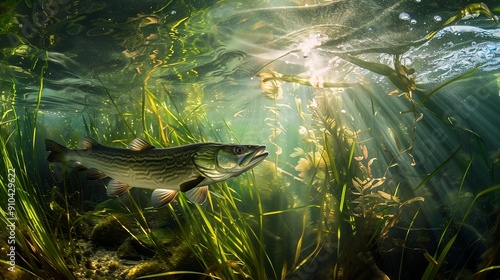 A dramatic underwater scene of a common pike Esox lucius attacking from the thick weeds. The pike s powerful body is coiled, ready to strike, with its prey just inches away. Rays photo