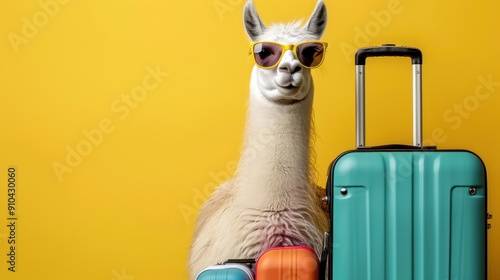 Fashion llama with sunglasses traveling with colorful suitcase. Yellow background. Holyday travel theme photo