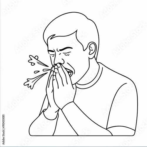 Line art of a man sneezing with hands covering mouth on a transparent background