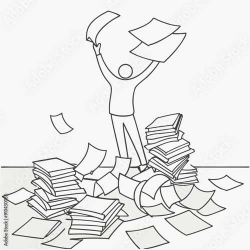 Line art of a person throwing papers with books around on a transparent background