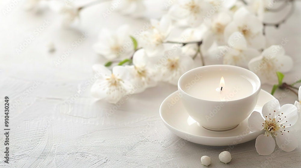 A close-up of a cup and saucer with a candle on a saucer and white flowers in the background A close-up of a cup and saucer with a candle on a saucer and white flowers in the background