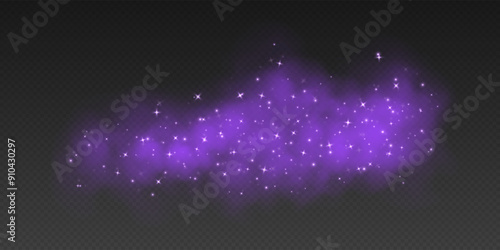 Purple magic smoke with stars and sparkles, fog with glowing particles, colorful vapor with star dust. Fantasy haze overlay. Vector illustration.
