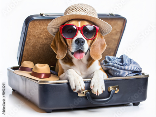 Adorable beagle dog in straw hat and sunglasses relaxes in open suitcase, surrounded by travel accessories, against a crisp white isolated background, conveying summer travel excitement. photo