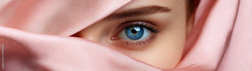 Fototapeta premium Close-up of a Blue Eye with Pink Fabric Draped Over it