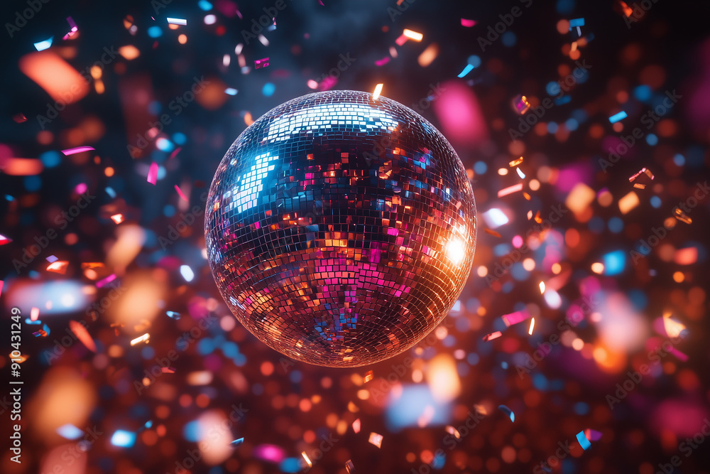 Silver disco ball on silver background and confetti Silver disco ball on silver background and confetti