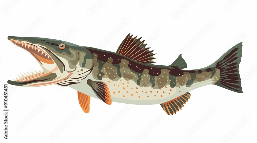 A flat style illustration of a northern pike in an aggressive pose, mouth wide open displaying sharp teeth, against a pure white background. The minimalist design focuses on the A flat style illustration of a northern pike in an aggressive pose, mouth wide open displaying sharp teeth, against a pure white background. The minimalist design focuses on the