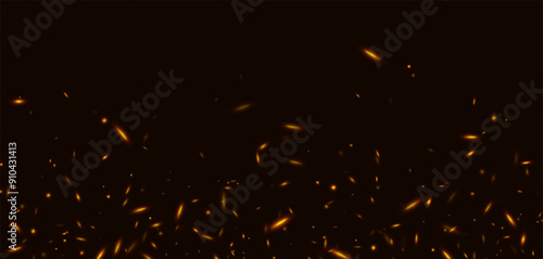 Fire sparks, abstract glowing embers, heat sparkles, flying flame cinder, bokeh fire texture. Vector illustration.