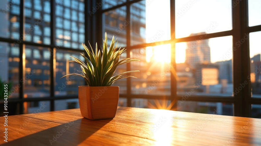 A serene indoor scene featuring a plant on a wooden table, capturing the warm sunlight streaming through the window. A serene indoor scene featuring a plant on a wooden table, capturing the warm sunlight streaming through the window.