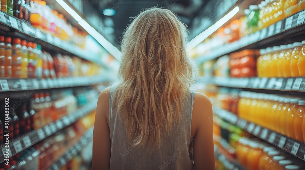 Woman with blonde hair browsing beverages aisle in a grocery store Woman with blonde hair browsing beverages aisle in a grocery store