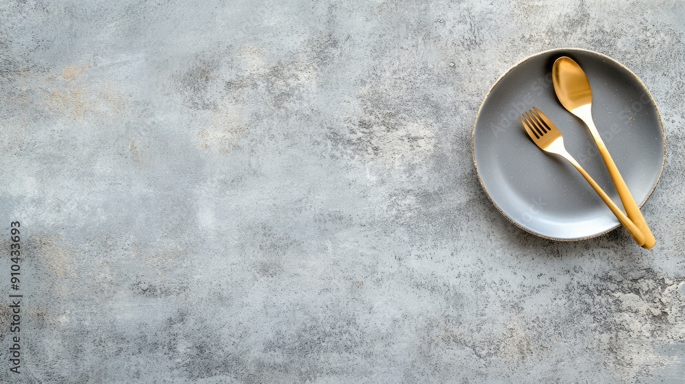 Gold forks, knife, and spoon are arranged alongside a sleek black plate on a stylish table, creating an elegant dining presentation Gold forks, knife, and spoon are arranged alongside a sleek black plate on a stylish table, creating an elegant dining presentation