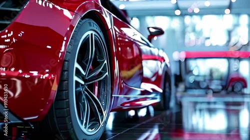 A sleek red sports car in a modern showroom with a reflective floor and ambient lighting