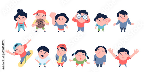 Children look up. Flat kids top view, angry surprised happy teenagers and toddlers. Kindergarten group, emotional girls and boys, recent vector set