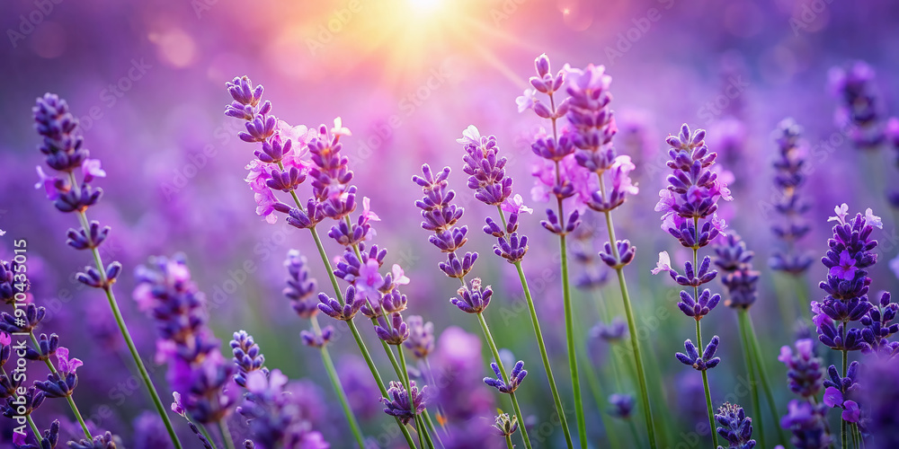 Obraz premium Vibrant purple lavender flowers bloom in a lush field, soft focus capturing delicate petals and subtle texture against a serene, dreamy purple background.