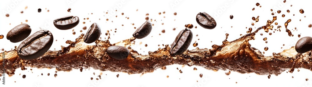 Coffee Beans Splashing in Brown Liquid Coffee Beans Splashing in Brown Liquid
