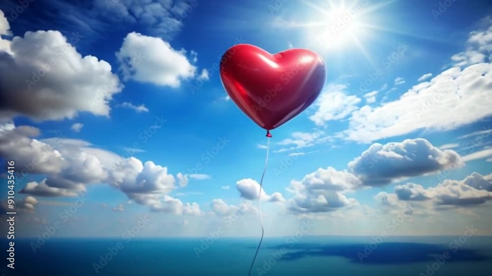 Heart-Shaped Balloon Floating in Blue Sky with Clouds and Sunlight Heart-Shaped Balloon Floating in Blue Sky with Clouds and Sunlight